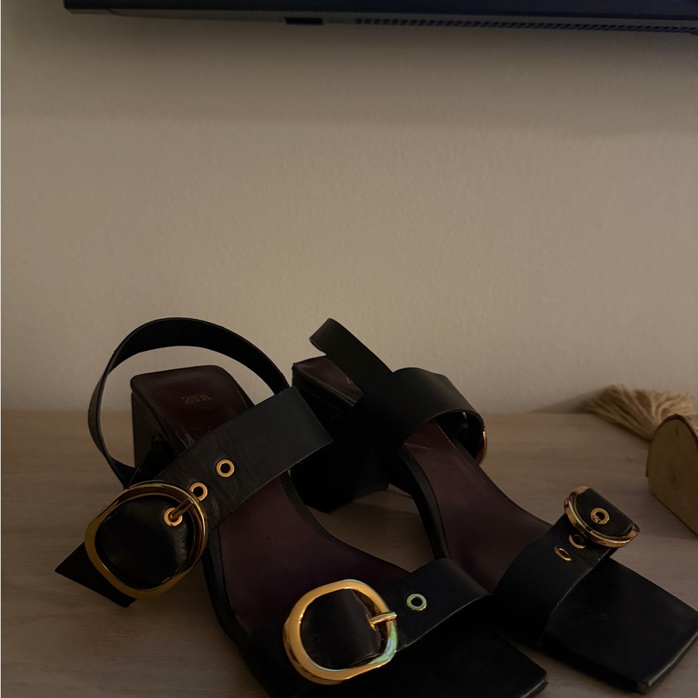 Zara Black Sandals with Gold Buckles